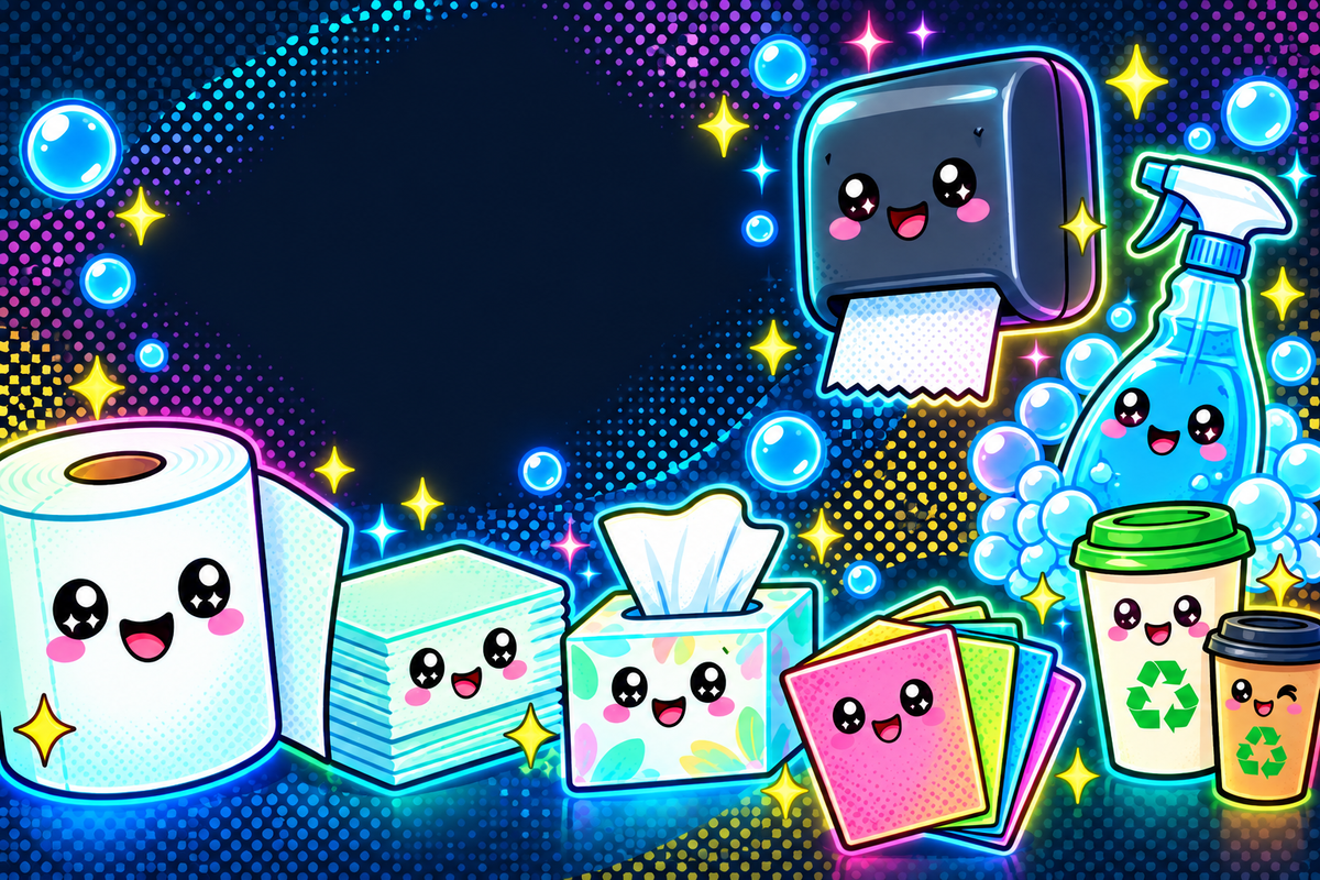 Dark kawaii retro-pop cleaning supplies banner