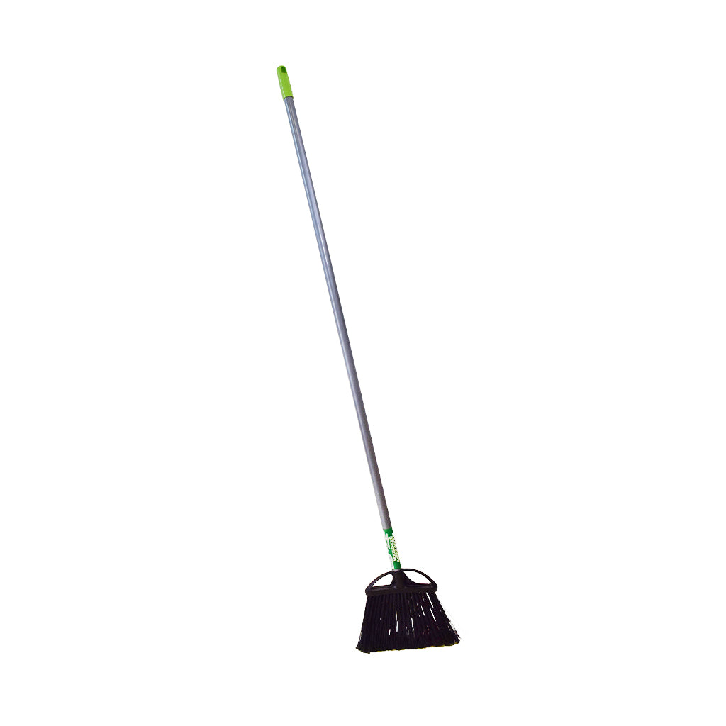 angled brush head with black brissels and metal handle with green globe label, Angle Broom Wtih 48 Inch Metal Handle, SIZE, Large 12 Inch, FLOOR CLEANING, ANGLE BROOMS, Best Seller, 4011