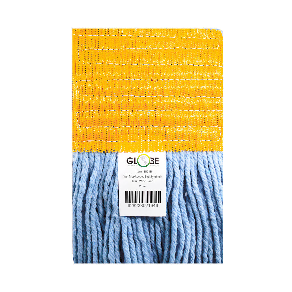 blue mop synthetic yellow 5 inch band view 10 oz, Syn-Pro® Synthetic 5 Inch Wide Band Wet Blue Looped End Mop, SIZE, 24 Oz, FLOOR CLEANING, WET MOPS, 3052B