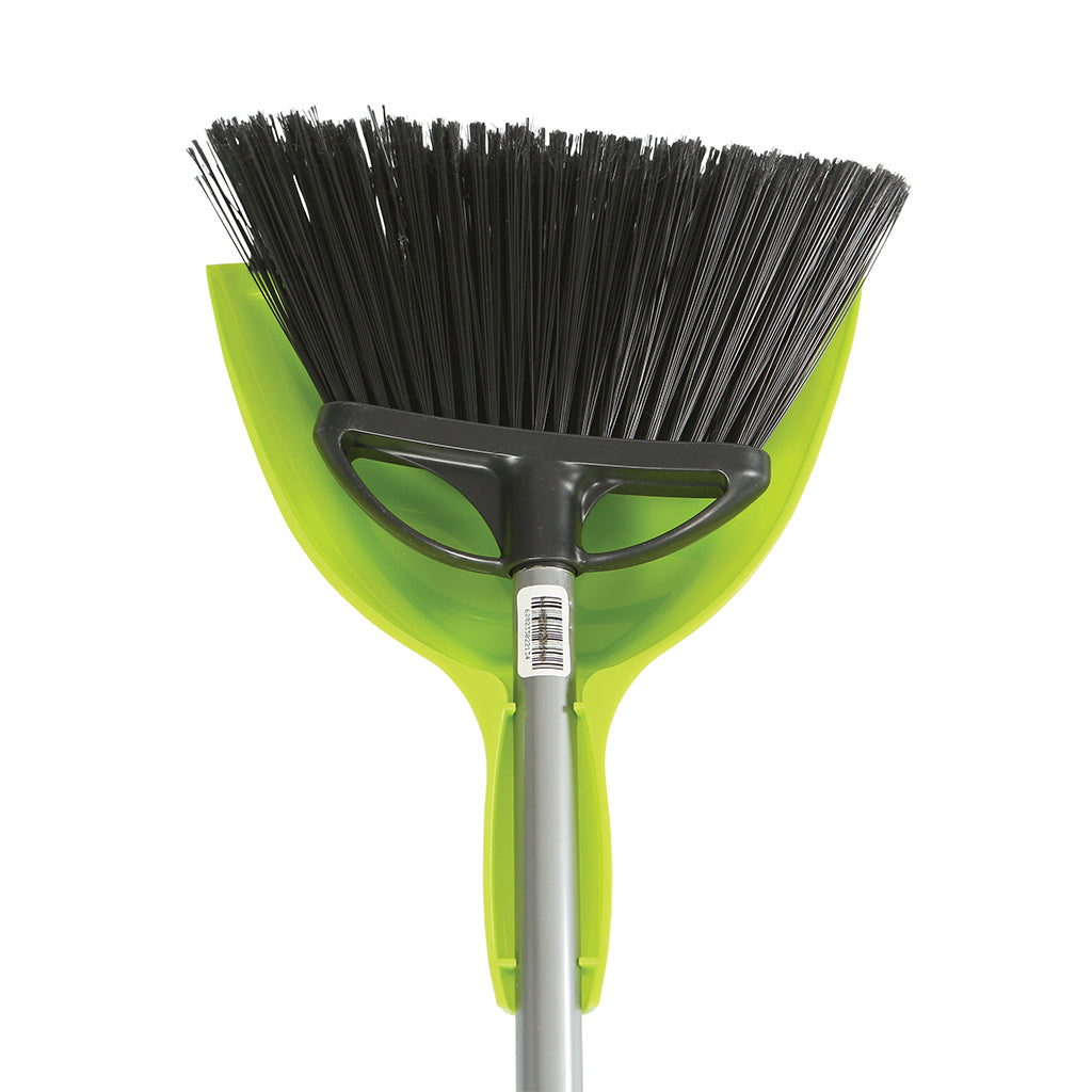 angled brush head with black brissels and metal handle with green dustpan, 10 Inch Angle Broom With 9 Inch E-Z Clean Dustpan Combo, FLOOR CLEANING, ANGLE BROOMS, 4013