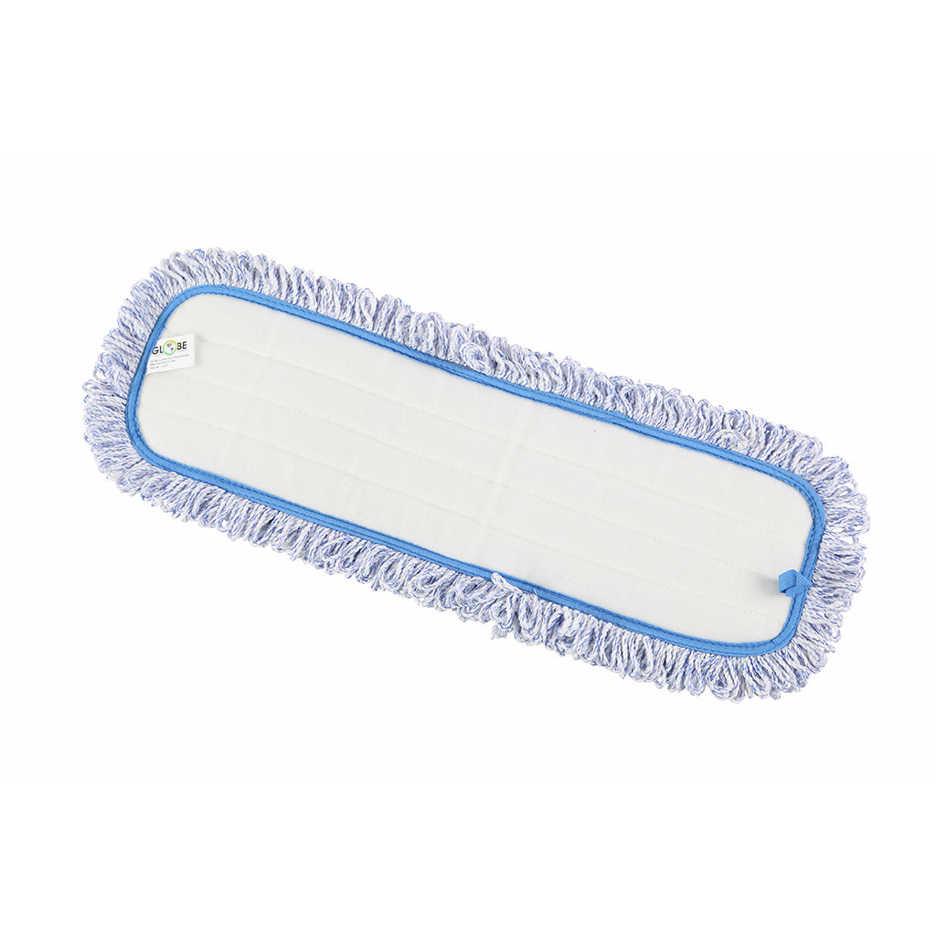blue and white mope with white and blue twist fringe back view, Blue Microfiber Wet Pad With Fringe, SIZE, 18 Inch, MICROFIBER, FLOOR PADS, 3327