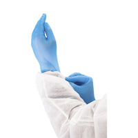 blue stretching gloves on hands with white coverall, Sky Blue 4 Mil Nitrile Gloves Powder-Free, SIZE, Small, Package, 10 Boxes of 100, GLOVES, NITRILE,NEW,7810,7811,7812,7813,7814
