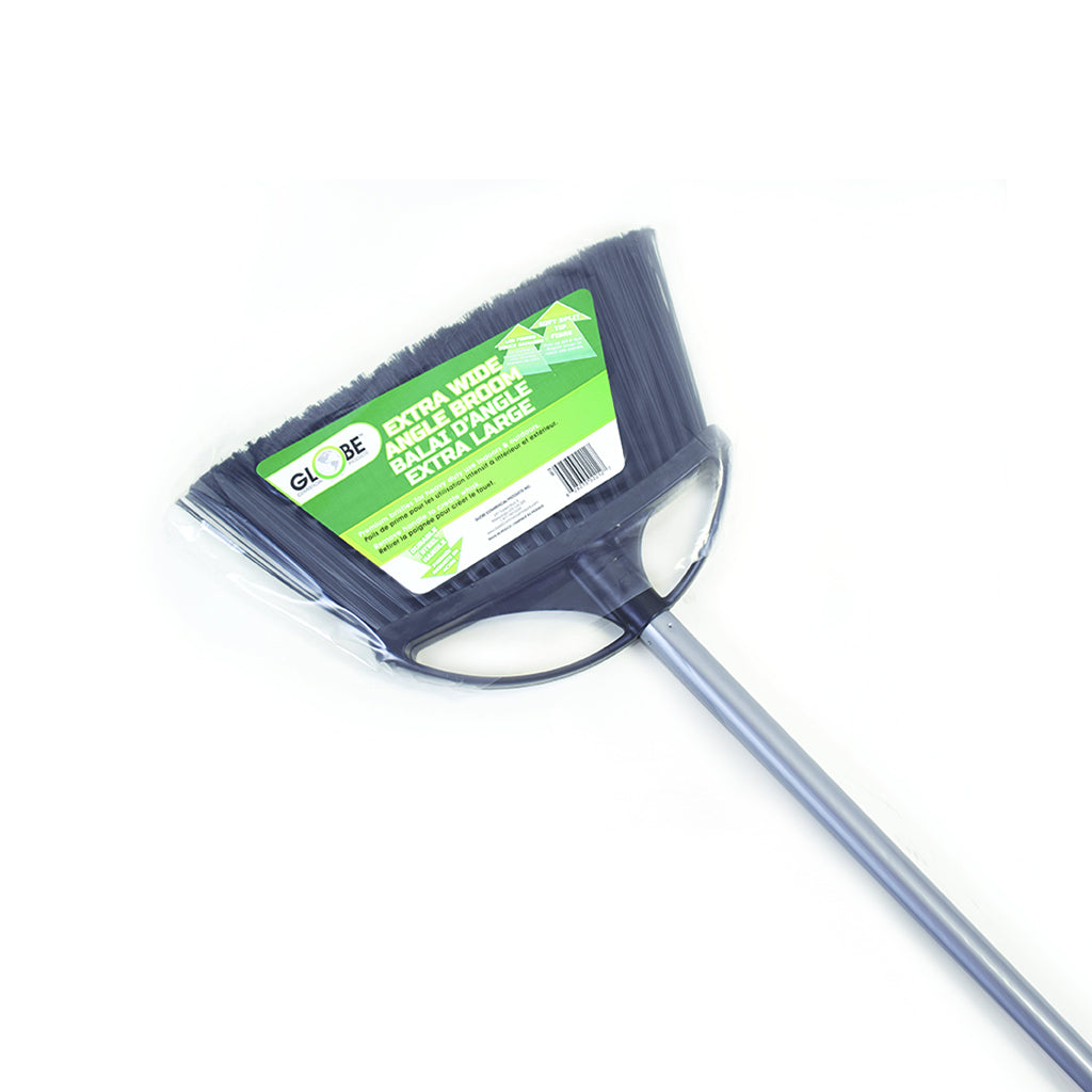 angled brush head with black brissels and metal handle with green globe packaging, Angle Broom Wtih 48 Inch Metal Handle, SIZE, Extra Wide 13 Inch, FLOOR CLEANING, ANGLE BROOMS, 4012