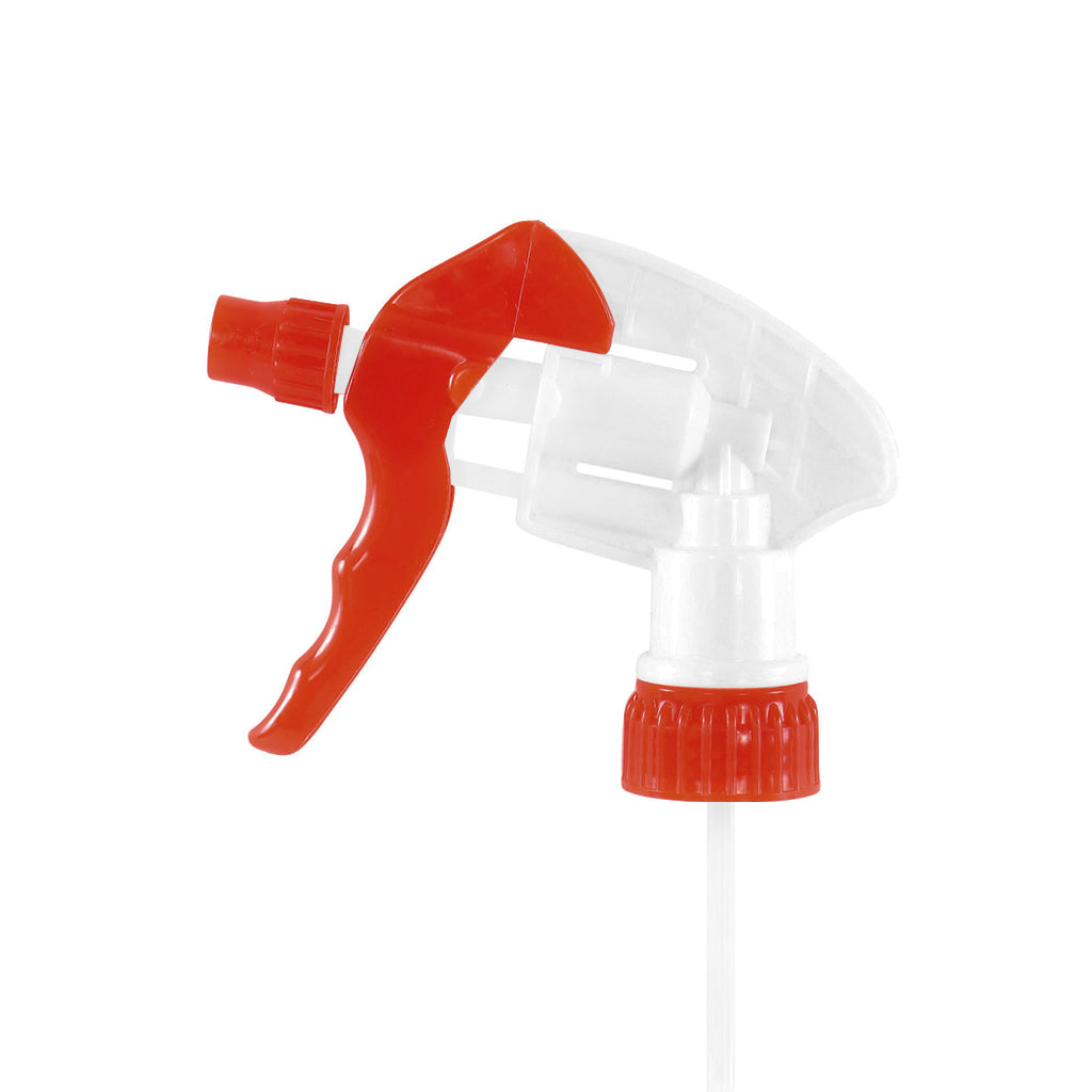 red spray trigger and bottle next accent with white body close up view, Trigger Sprayer, SIZE, 8 Inch Tube With 24 Oz Bottle, COLOR, Red, GENERAL CLEANING, TRIGGERS PUMPS & BOTTLES & CAPS, COVID ESSENTIALS, 3557