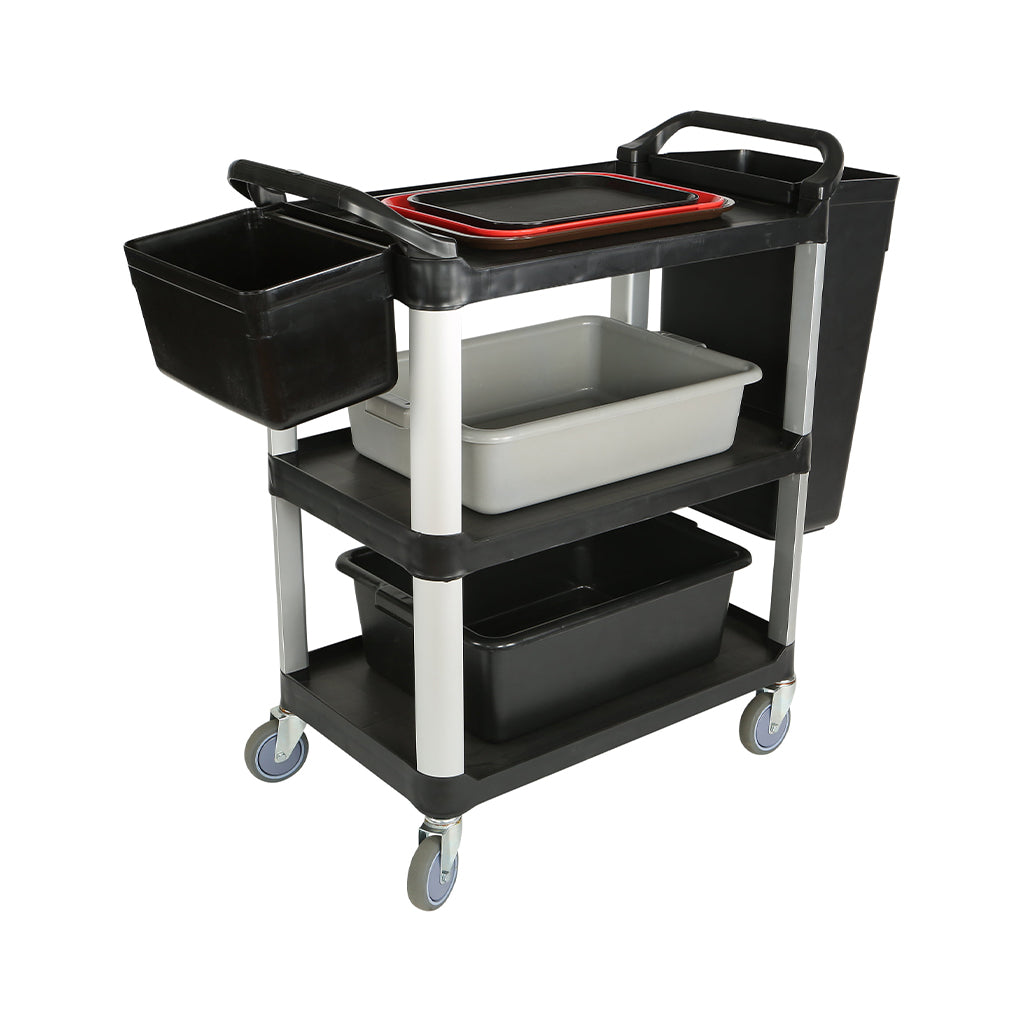 3 level black cart with wheels, pitcher, bus box, trays, tall and short utility refuse side hang bins, Utility Carts, SIZE, Small / 400 Lbs / 33 Inch L X 17 Inch W X 37 Inch H, MATERIAL HANDLING, SERVICE-UTILITY CARTS, Best Seller, 5001,5002