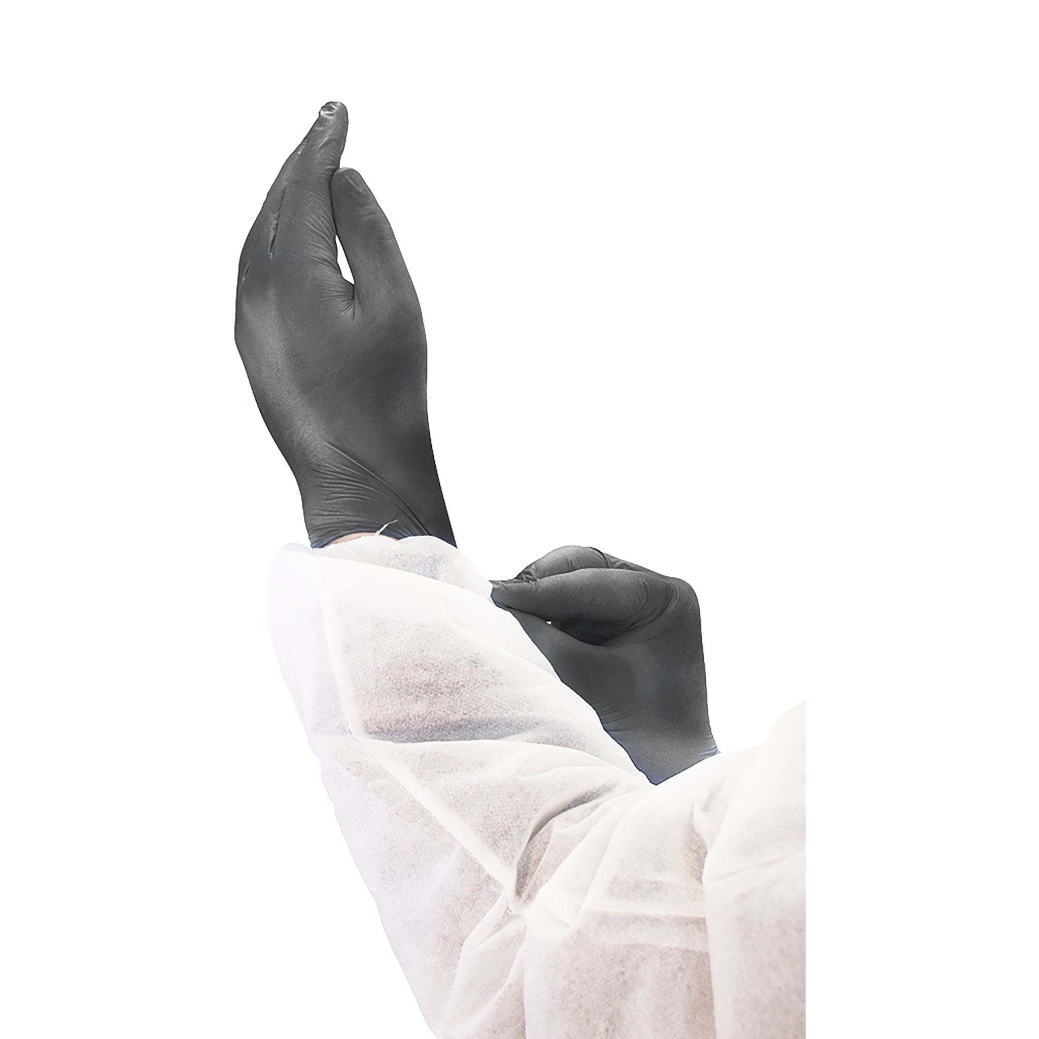 black stretching gloves on hands with white coverall, Black 5 Mil Nitrile Gloves Powder-Free, SIZE, Small, Package, 10 Boxes of 100, GLOVES, NITRILE, 7800, 7801,7802,7803,7804