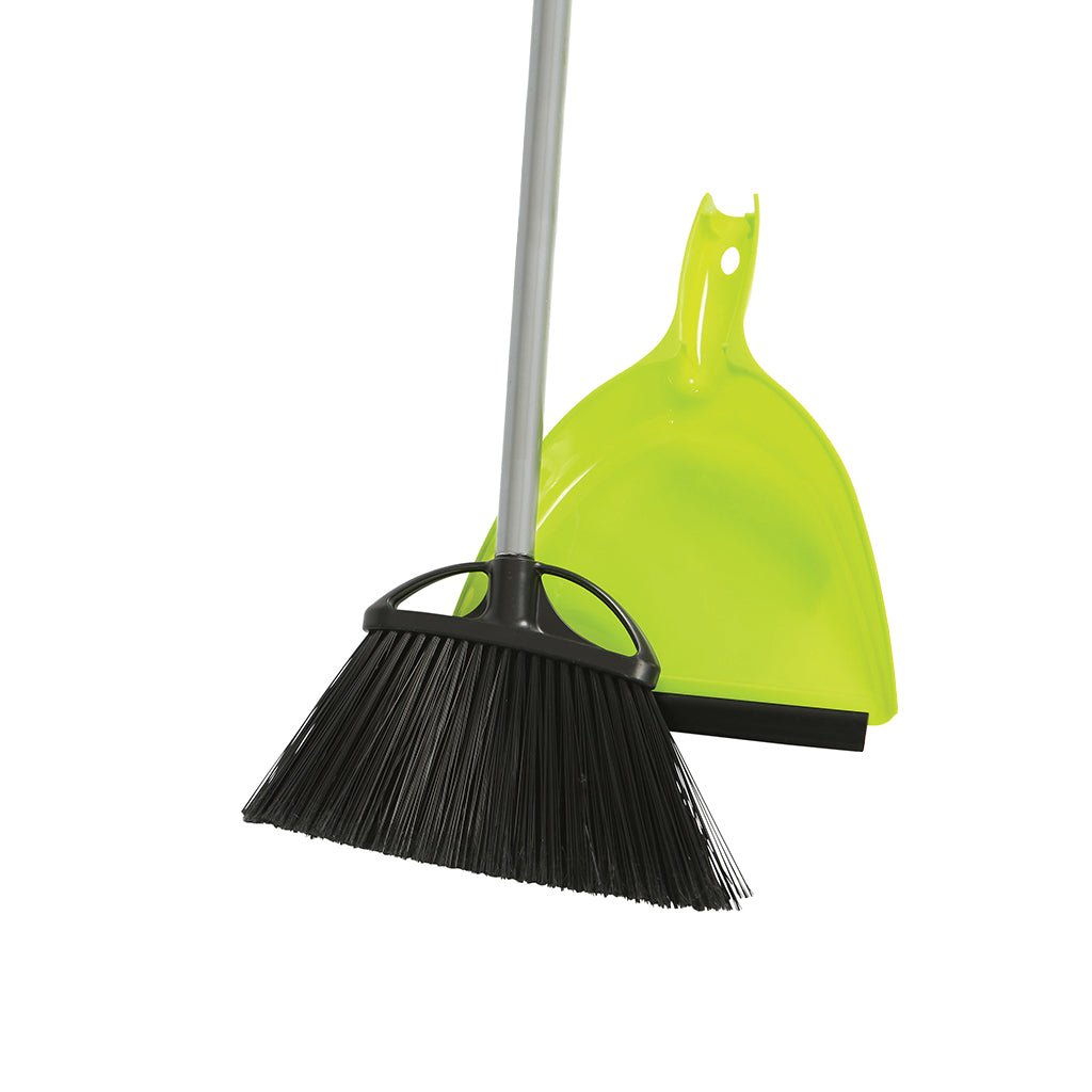 angled brush head with black brissels and metal handle with green dustpan, 10 Inch Angle Broom With 9 Inch E-Z Clean Dustpan Combo, FLOOR CLEANING, ANGLE BROOMS, 4013